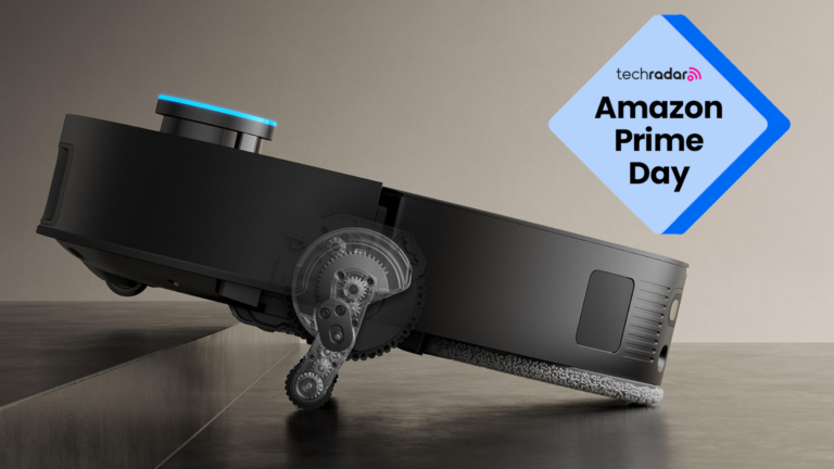 Dreame X50 Ultra robovac climbing a step, with TechRadar Amazon Prime Day logo.