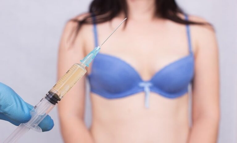 GLP-1 Syringe and in the background is a woman in a bra